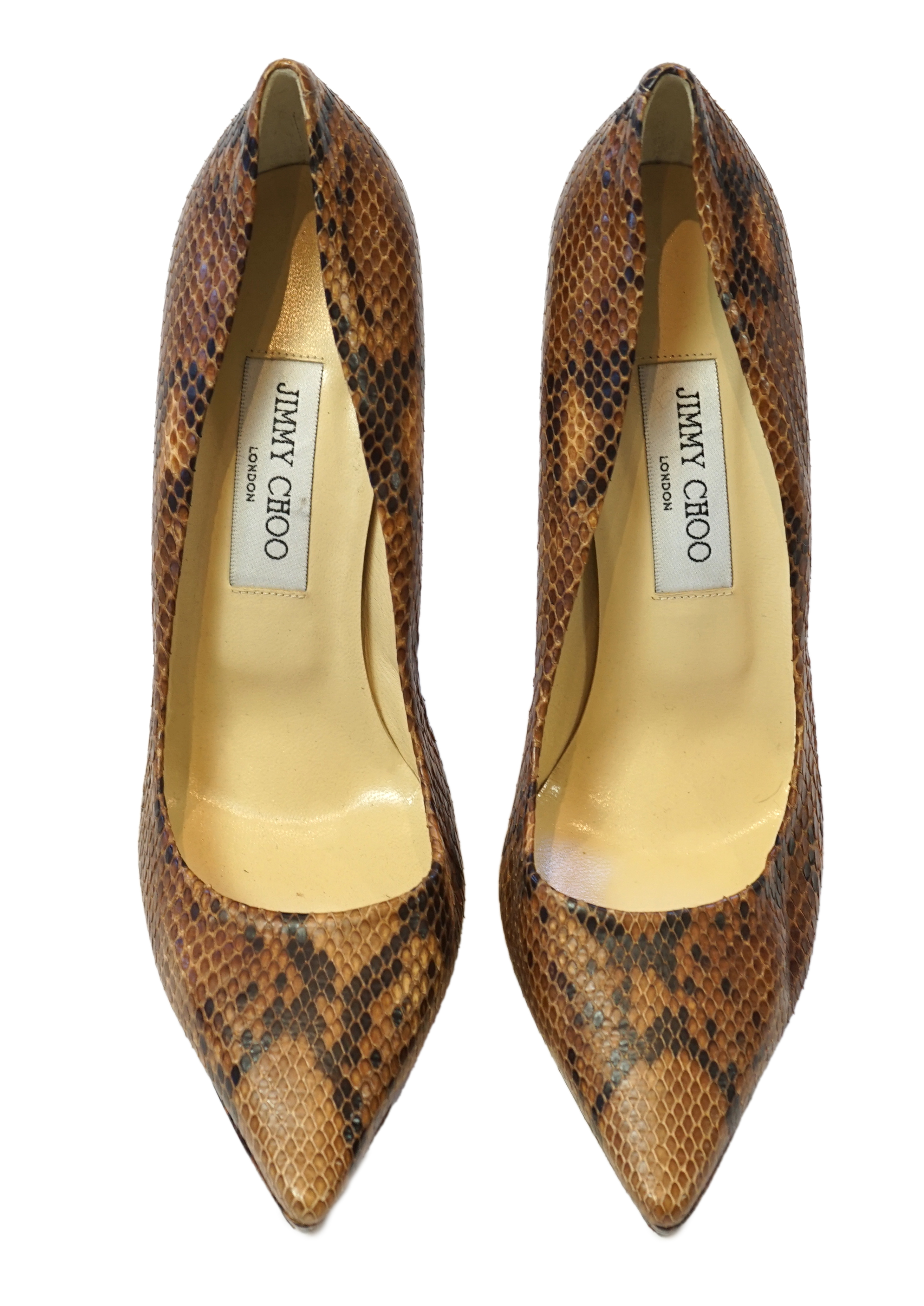 A pair of Jimmy Choo lady's snakeskin platform pumps in brown and black